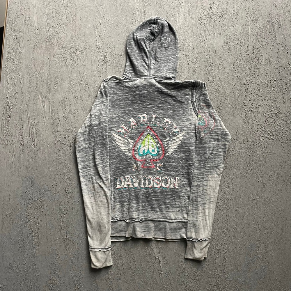 Vintage Harley Davidson Graphic Zip Up Hoodie Women Small Grey Y2K
